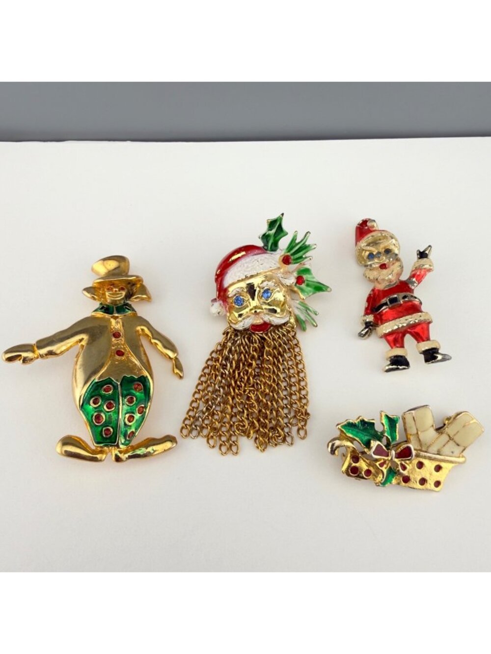 Vintage Christmas Brooch Set of 4 Enamel Santa Claus Sleigh